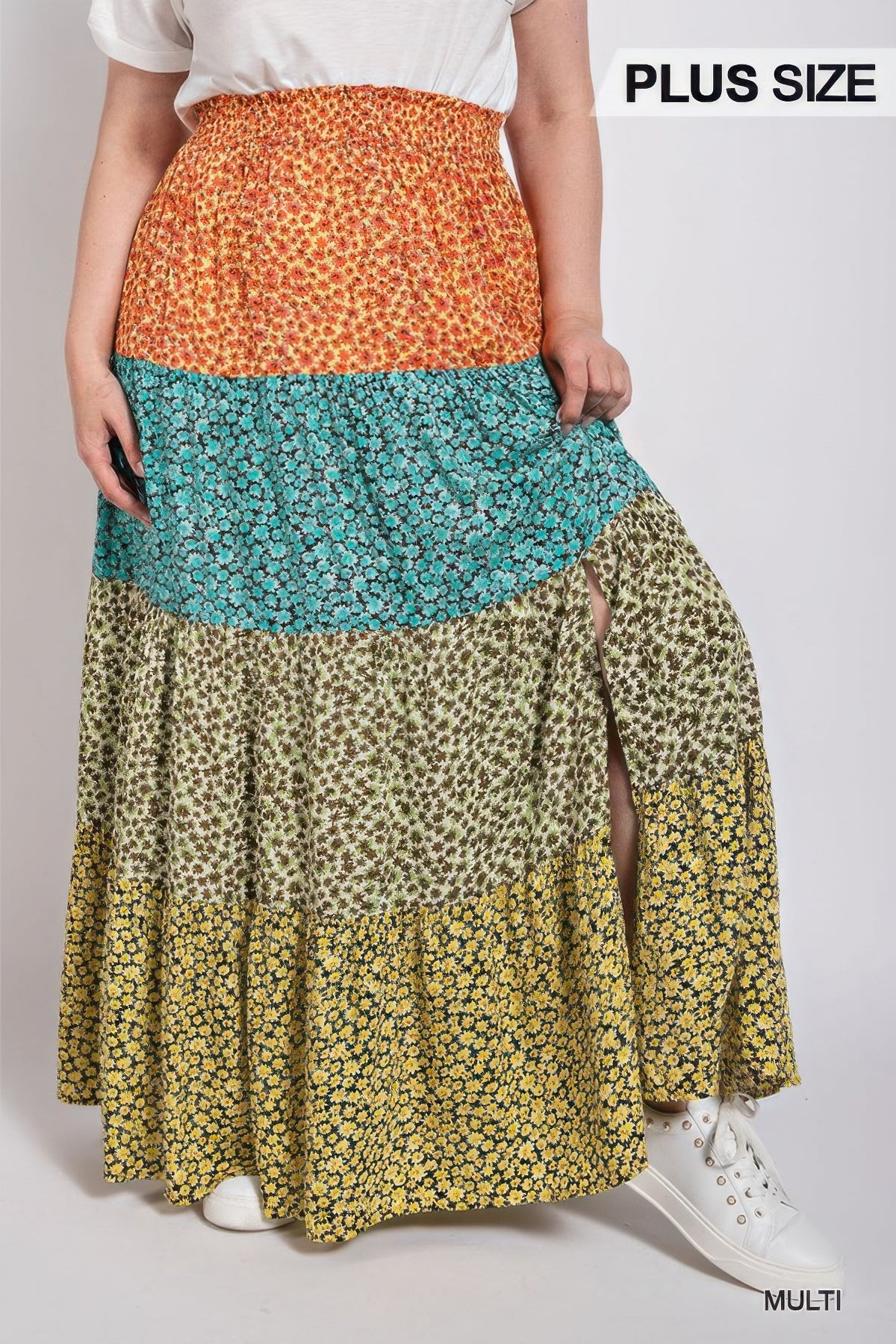 Ditsy floral color block skirt with front slit