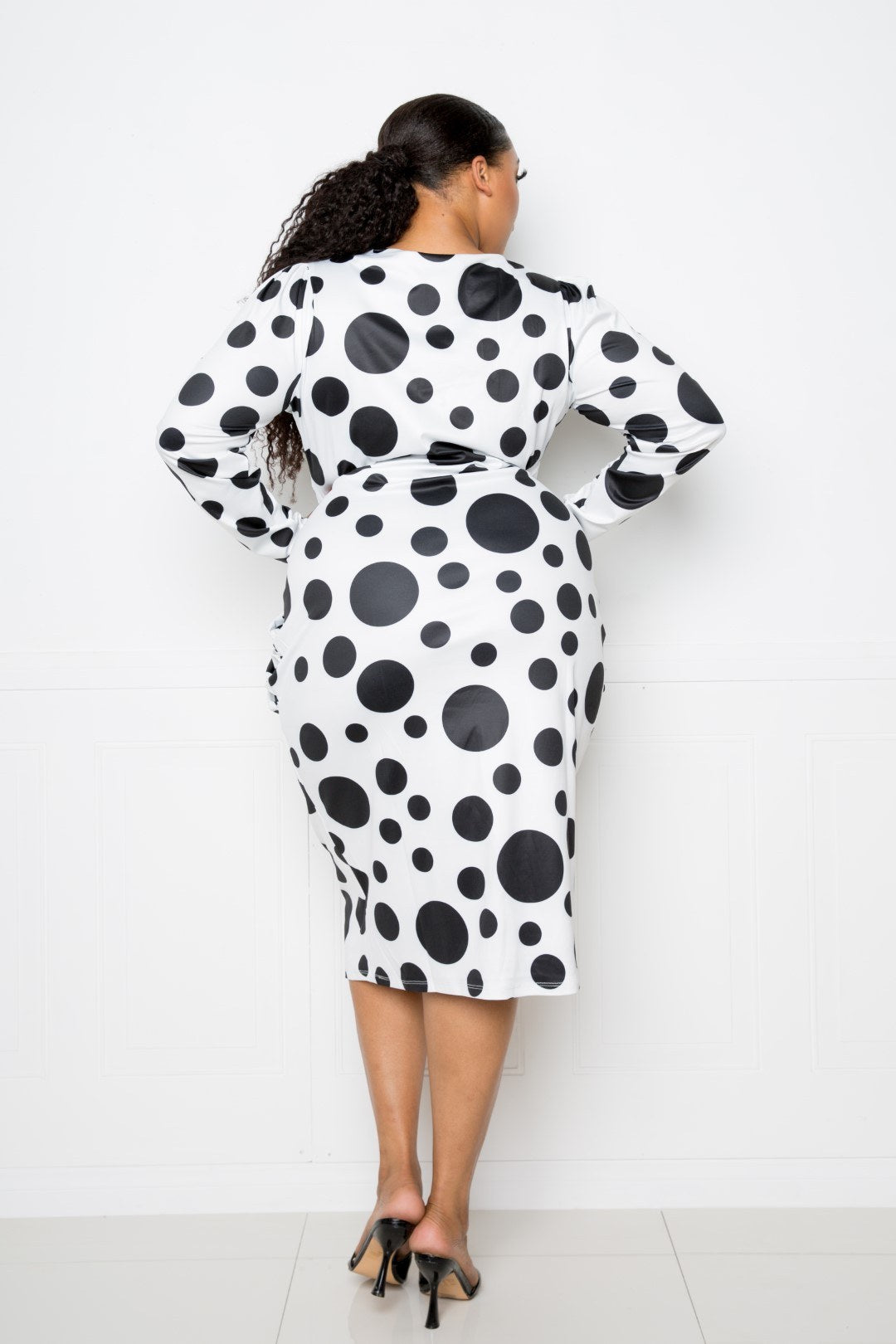 Polka Dot Drop Waist Ruched Midi Dress