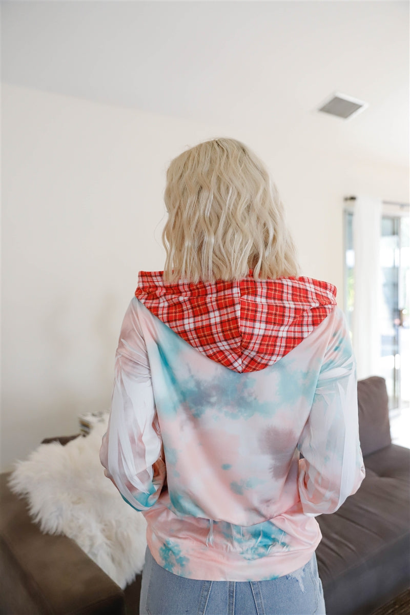 Feather &amp; Tie-dye Print Contrast Plaid Hood Sweater