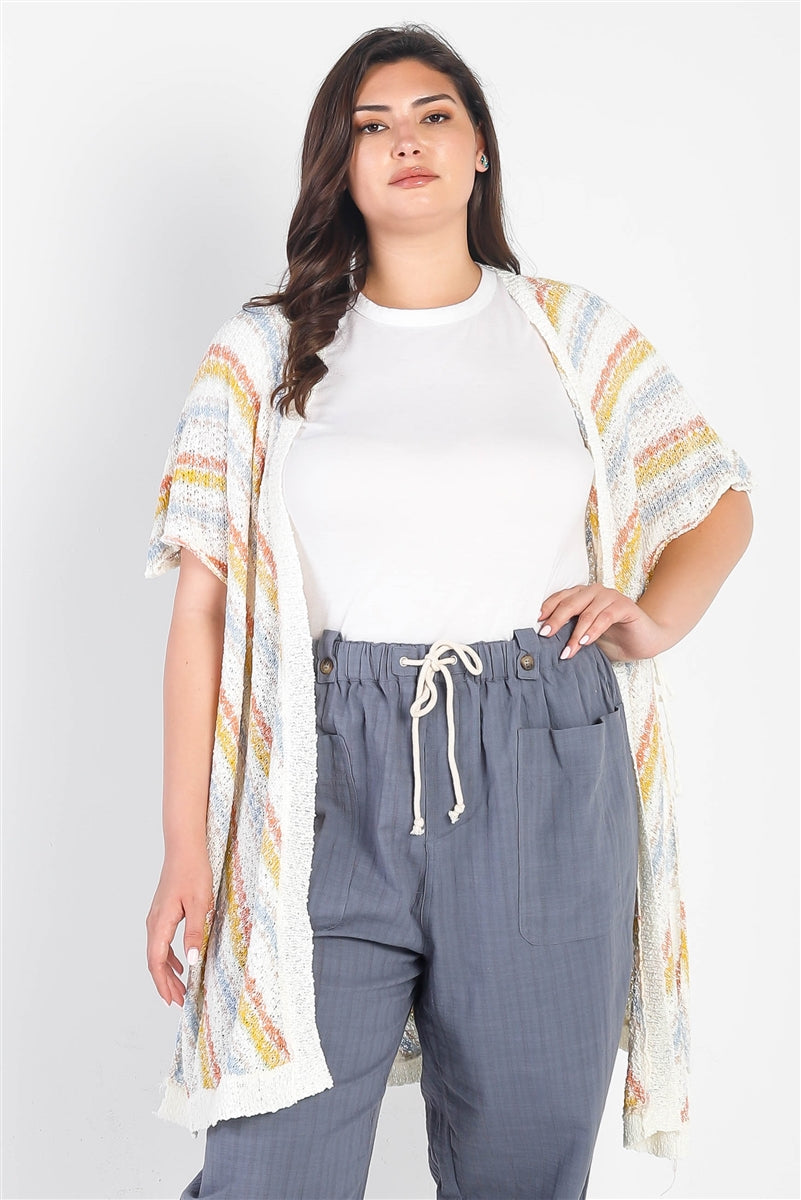 Plus White Multi Color Open Front Self-tie Detail Cardigan