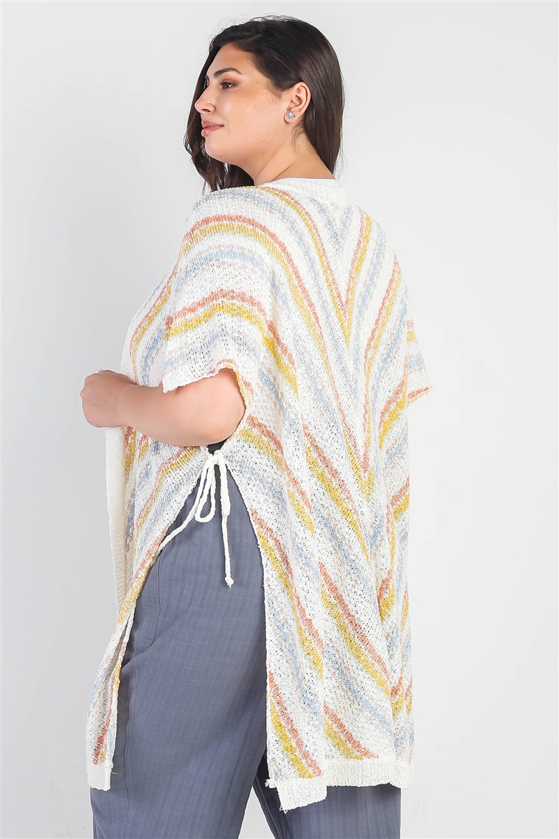 Plus White Multi Color Open Front Self-tie Detail Cardigan