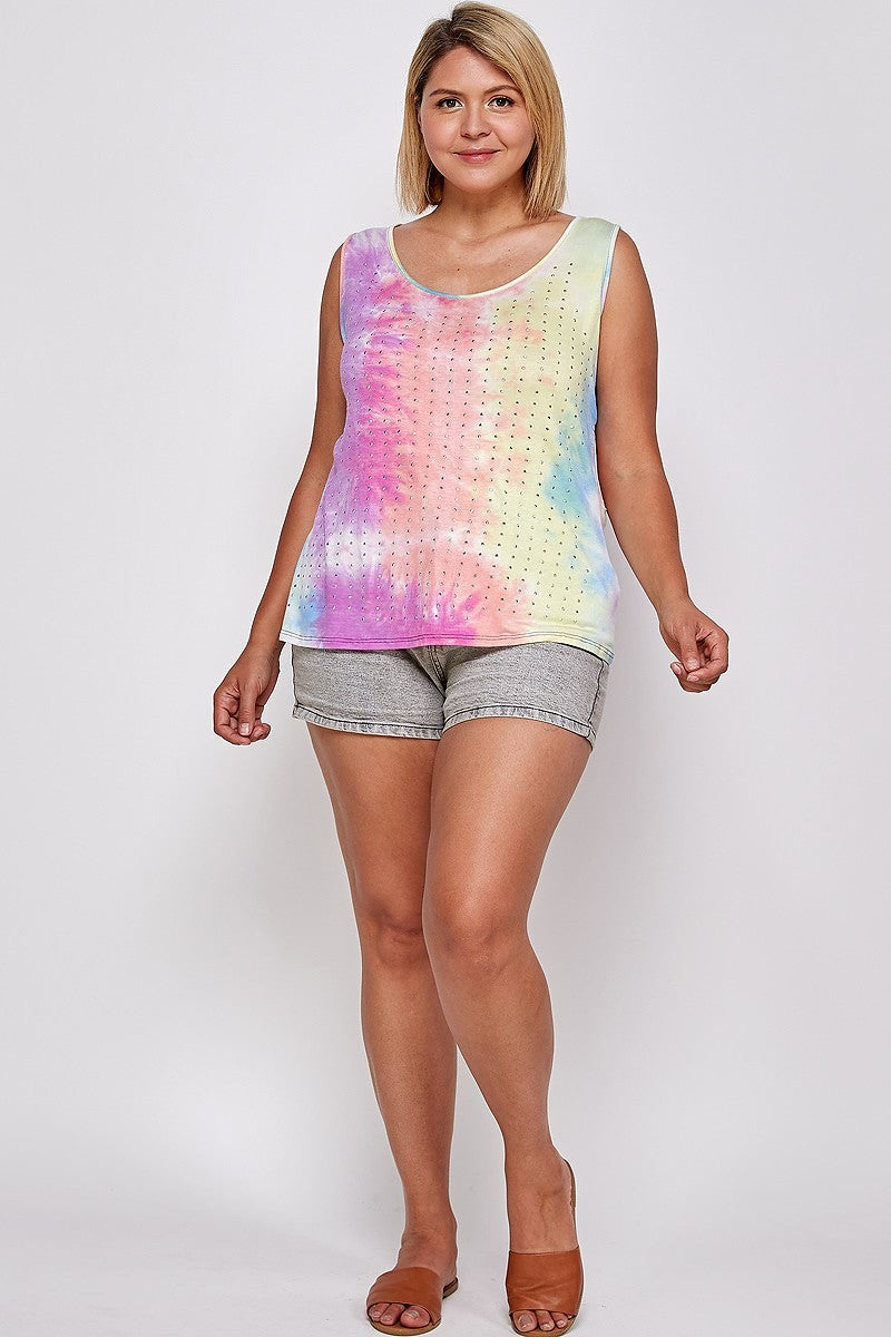 Tie Dye Tank With Studded Detail, Loose Fit, Easy Casual Wear